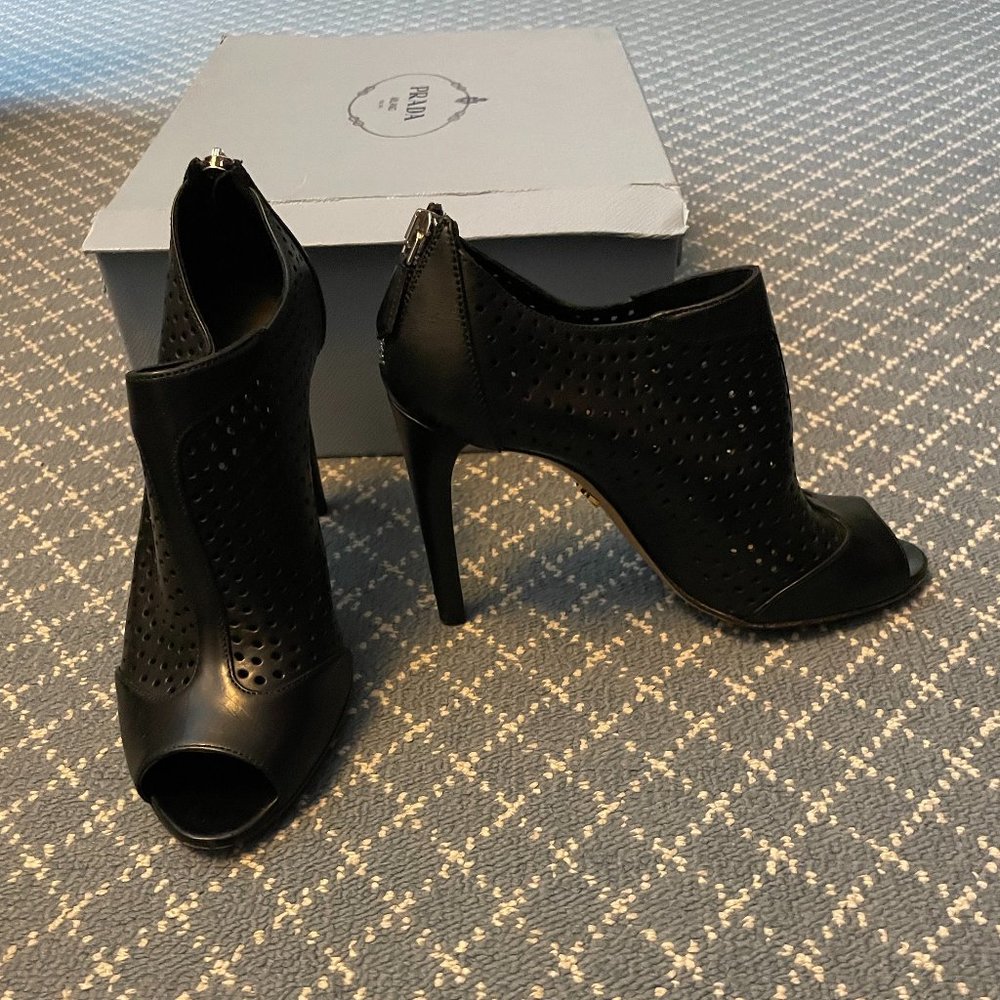 Prada Black Perforated Leather Open Toe Ankle Strap Heeled booties  Size 8B